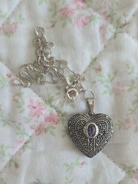 Sterling Silver Heart Locket Necklace with Purple Stone